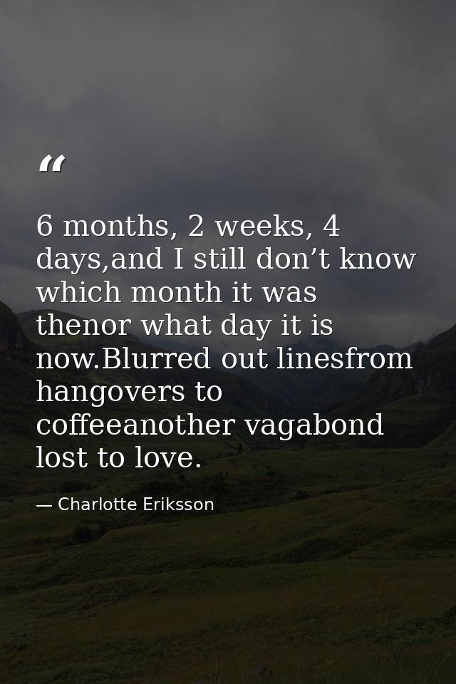 6 months, 2 weeks, 4 days,and I still don’t know which month it was thenor what day it is now.Blurred out linesfrom hang — Charlotte Eriksson