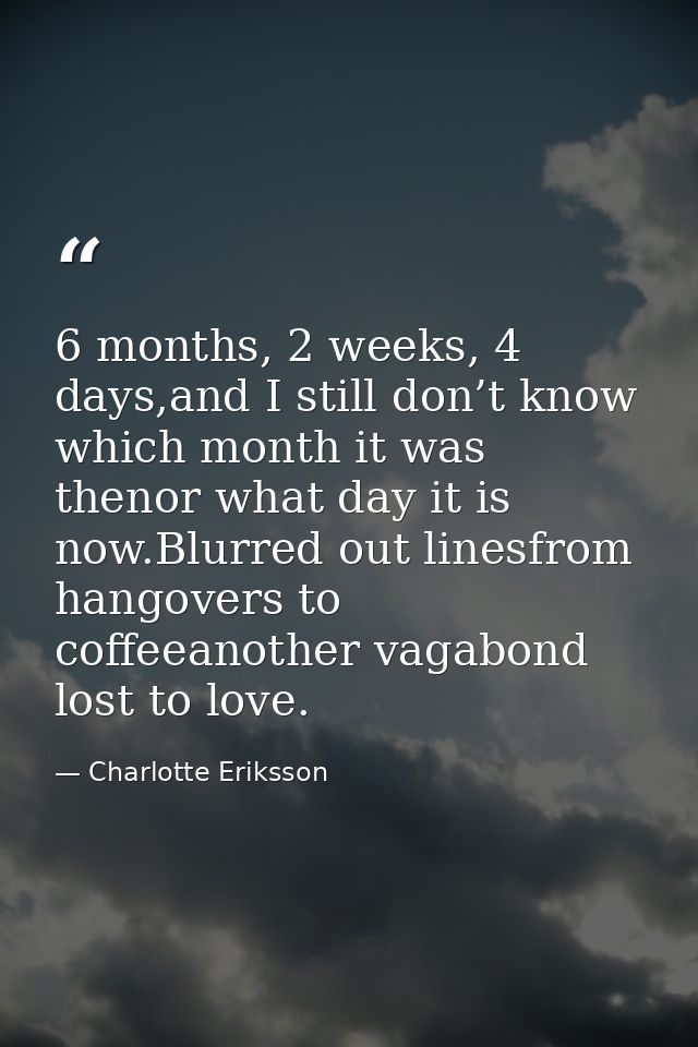 6 months, 2 weeks, 4 days,and I still don’t know which month it was thenor what day it is now.Blurred out linesfrom hang — Charlotte Eriksson