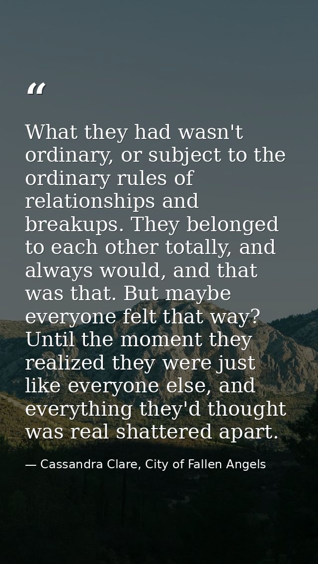 What they had wasn't ordinary, or subject to the ordinary rules of relationships and breakups. They belonged to each oth — Cassandra Clare, City of Fallen Angels