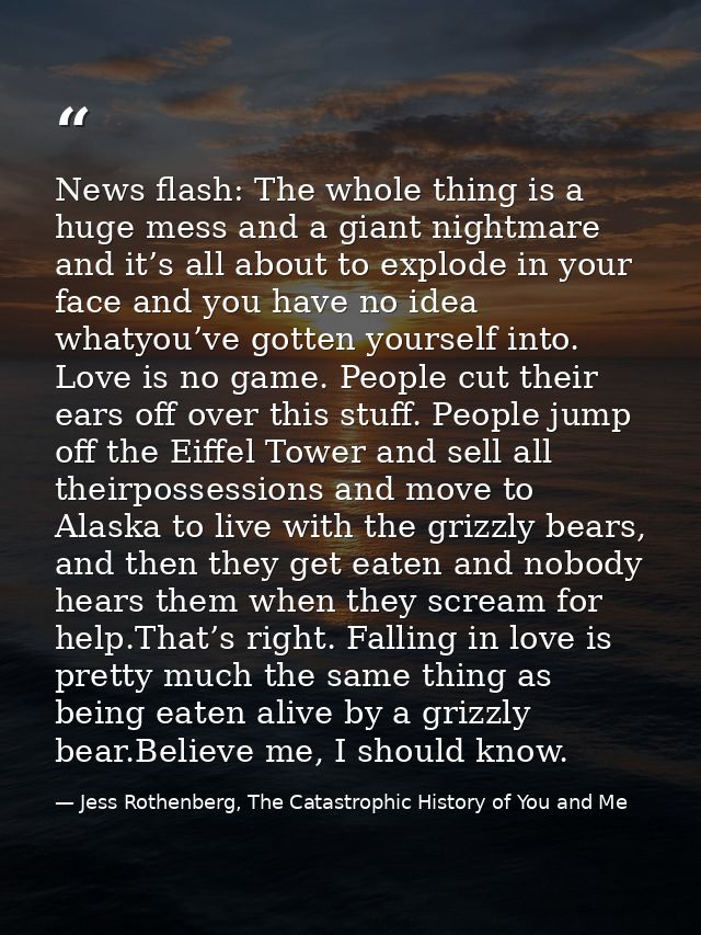 News flash: The whole thing is a huge mess and a giant nightmare and it’s all about to explode in your face and you have — Jess Rothenberg, The Catastrophic History of You and Me