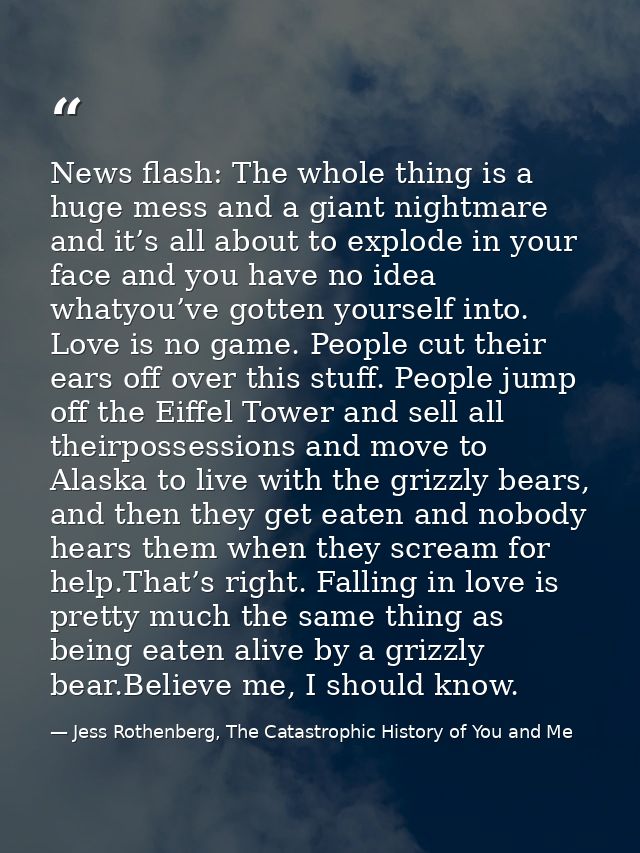 News flash: The whole thing is a huge mess and a giant nightmare and it’s all about to explode in your face and you have — Jess Rothenberg, The Catastrophic History of You and Me