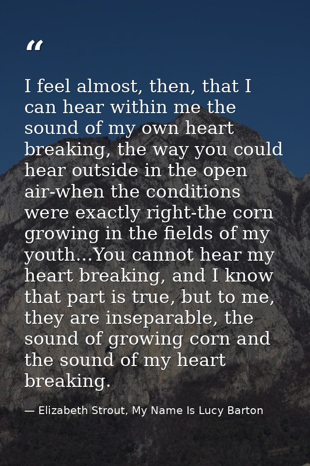 I feel almost, then, that I can hear within me the sound of my own heart breaking, the way you could hear outside in the — Elizabeth Strout, My Name Is Lucy Barton