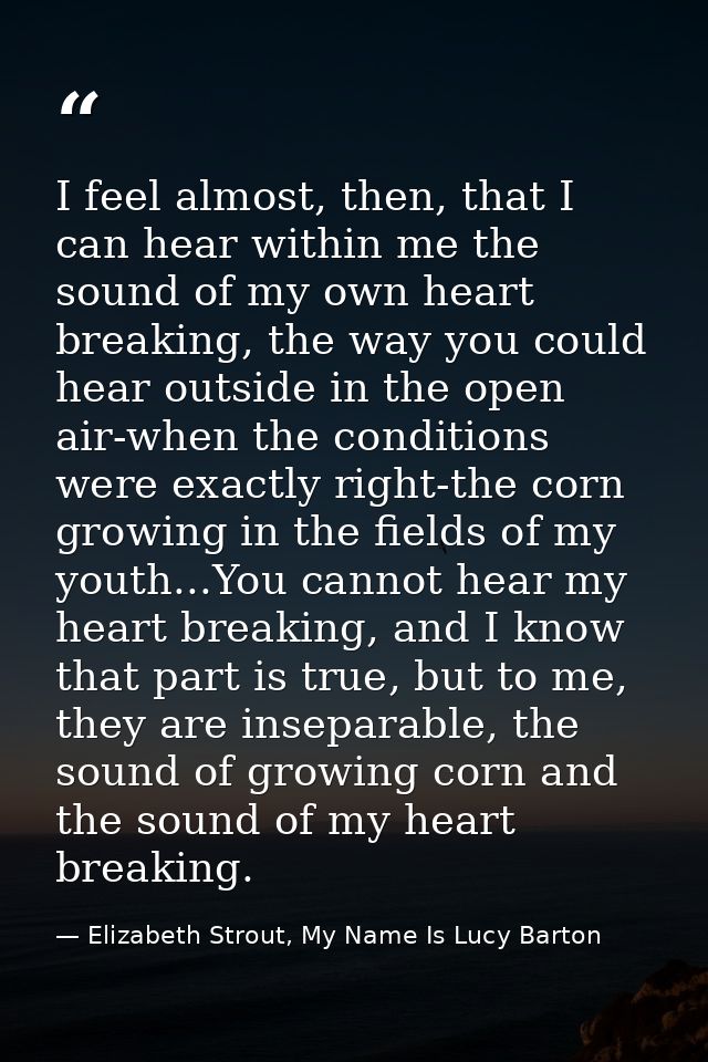 I feel almost, then, that I can hear within me the sound of my own heart breaking, the way you could hear outside in the — Elizabeth Strout, My Name Is Lucy Barton
