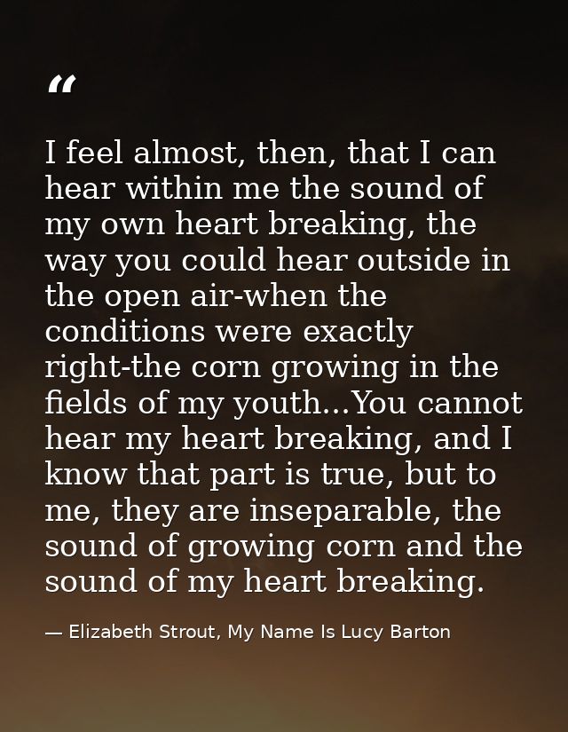 I feel almost, then, that I can hear within me the sound of my own heart breaking, the way you could hear outside in the — Elizabeth Strout, My Name Is Lucy Barton