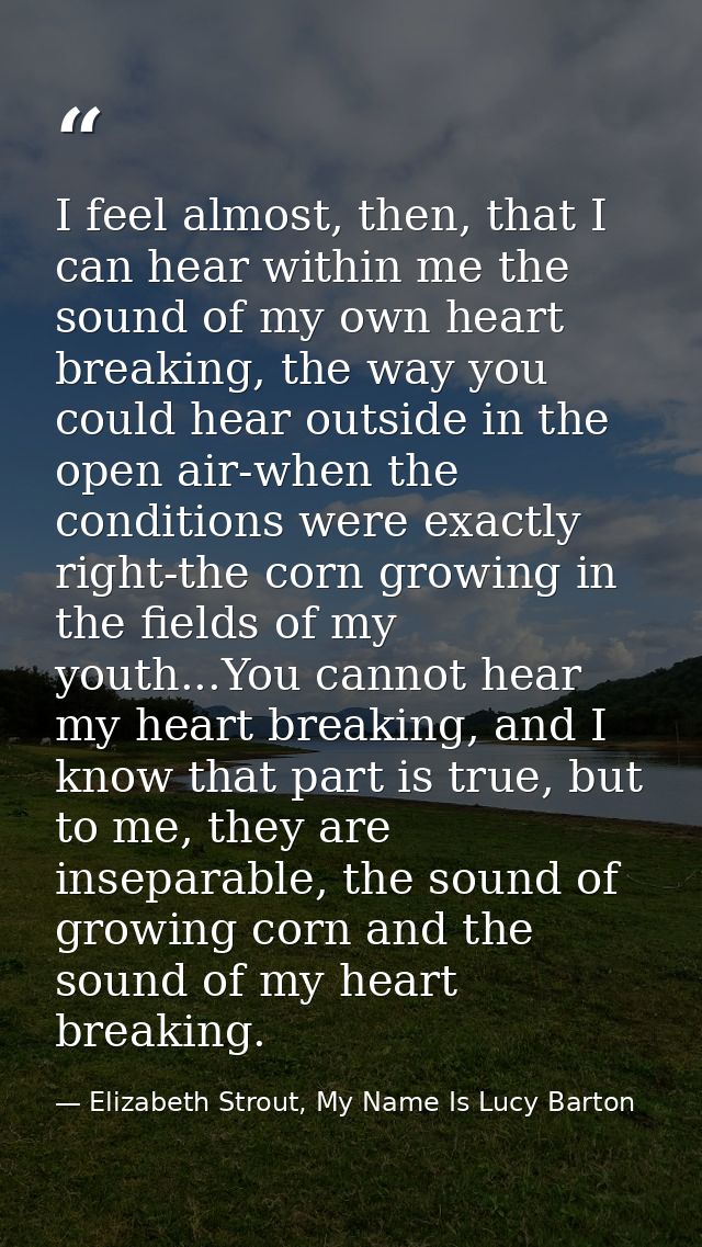 I feel almost, then, that I can hear within me the sound of my own heart breaking, the way you could hear outside in the — Elizabeth Strout, My Name Is Lucy Barton