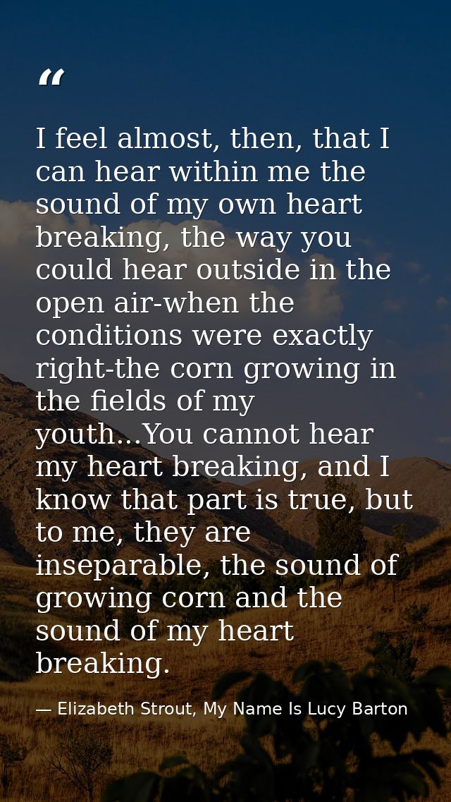 I feel almost, then, that I can hear within me the sound of my own heart breaking, the way you could hear outside in the — Elizabeth Strout, My Name Is Lucy Barton