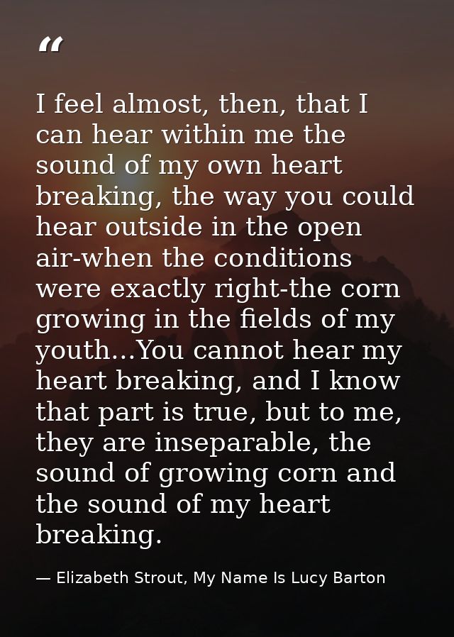I feel almost, then, that I can hear within me the sound of my own heart breaking, the way you could hear outside in the — Elizabeth Strout, My Name Is Lucy Barton