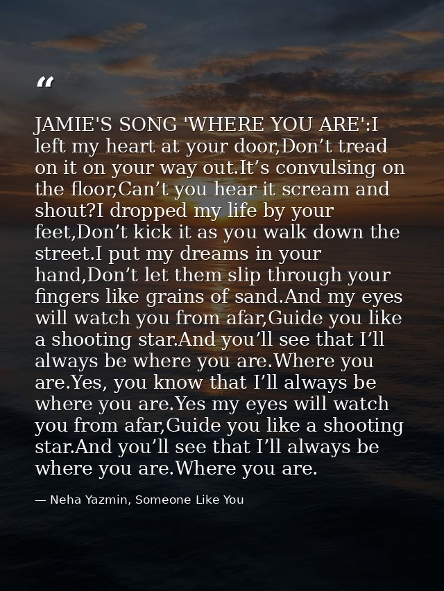 JAMIE'S SONG 'WHERE YOU ARE':I left my heart at your door,Don’t tread on it on your way out.It’s convulsing on the floor — Neha Yazmin, Someone Like You