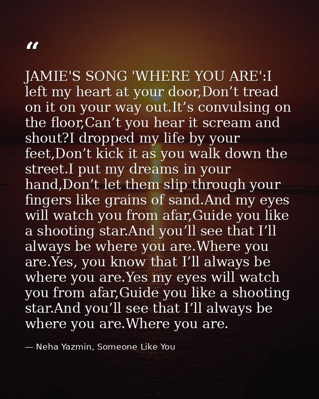 JAMIE'S SONG 'WHERE YOU ARE':I left my heart at your door,Don’t tread on it on your way out.It’s convulsing on the floor — Neha Yazmin, Someone Like You
