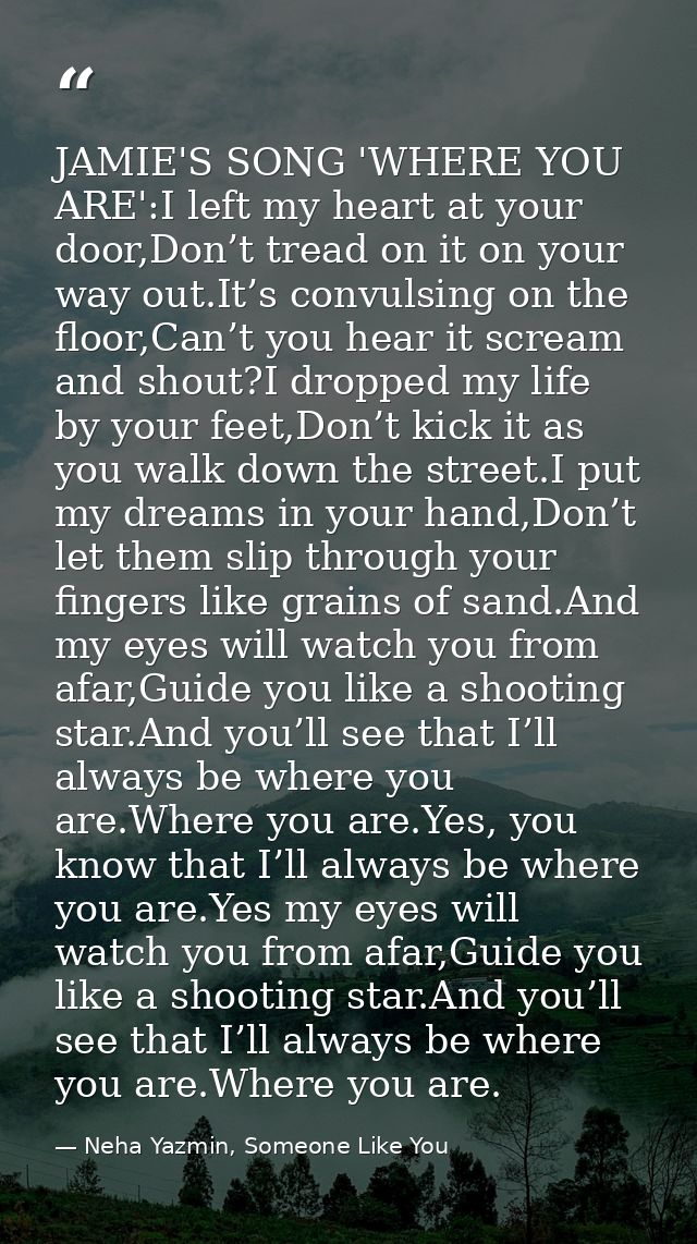 JAMIE'S SONG 'WHERE YOU ARE':I left my heart at your door,Don’t tread on it on your way out.It’s convulsing on the floor — Neha Yazmin, Someone Like You