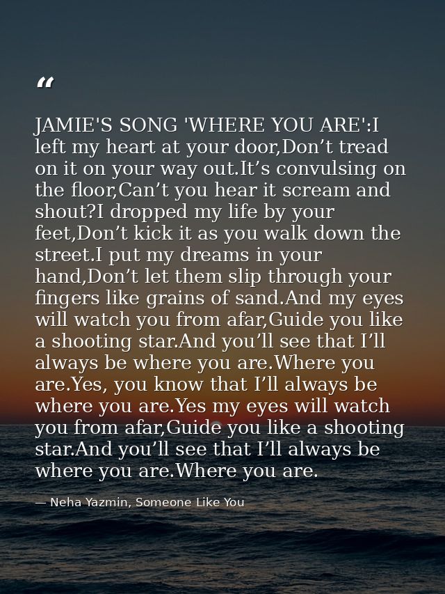 JAMIE'S SONG 'WHERE YOU ARE':I left my heart at your door,Don’t tread on it on your way out.It’s convulsing on the floor — Neha Yazmin, Someone Like You
