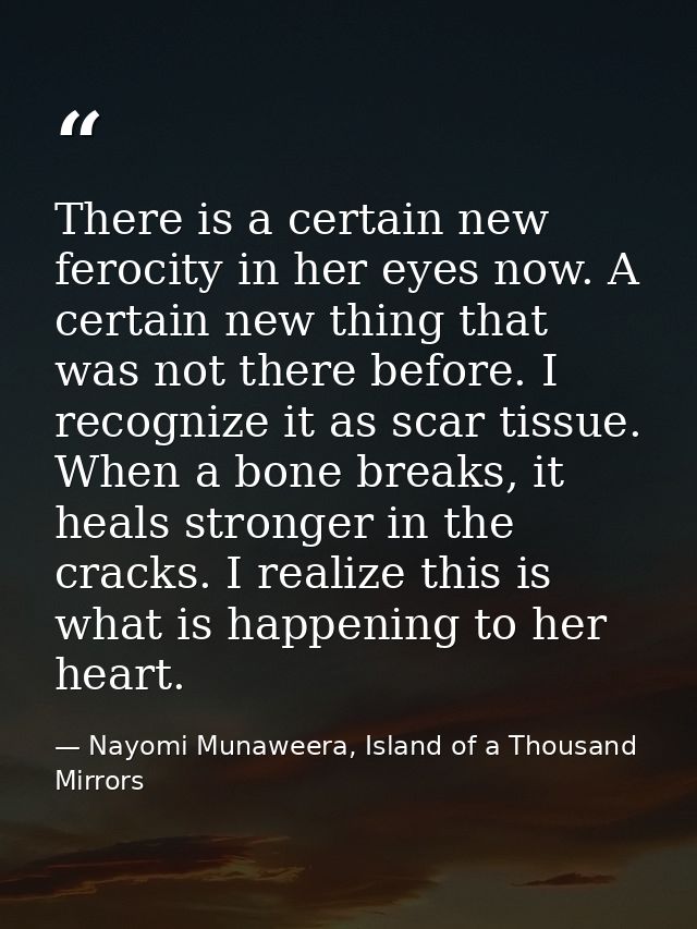 There is a certain new ferocity in her eyes now. A certain new thing that was not there before. I recognize it as scar t — Nayomi Munaweera, Island of a Thousand Mirrors