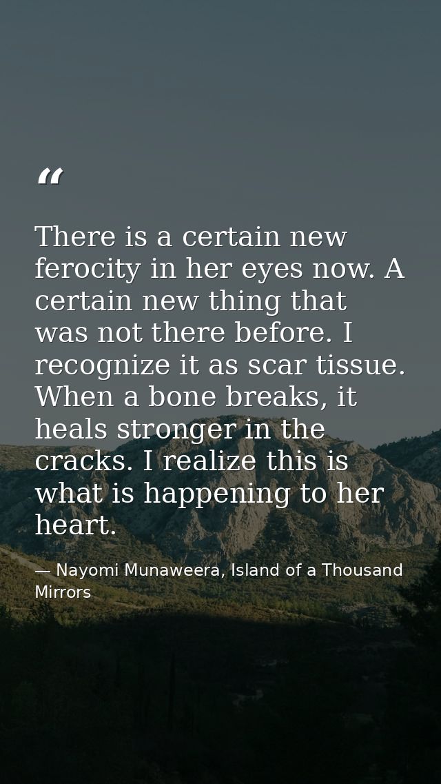 There is a certain new ferocity in her eyes now. A certain new thing that was not there before. I recognize it as scar t — Nayomi Munaweera, Island of a Thousand Mirrors