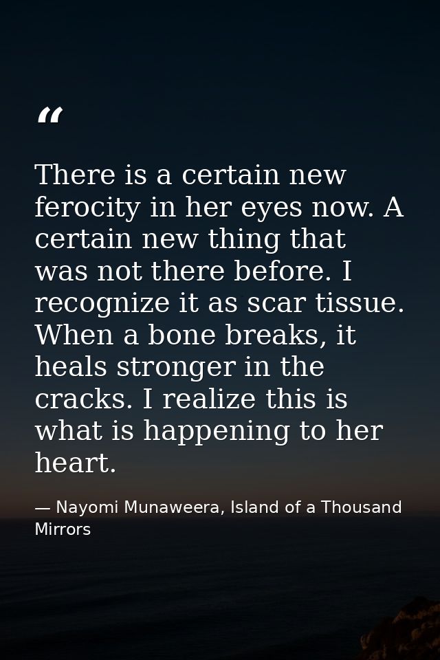 There is a certain new ferocity in her eyes now. A certain new thing that was not there before. I recognize it as scar t — Nayomi Munaweera, Island of a Thousand Mirrors