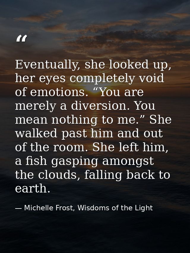 Eventually, she looked up, her eyes completely void of emotions. “You are merely a diversion. You mean nothing to me.” S — Michelle Frost, Wisdoms of the Light