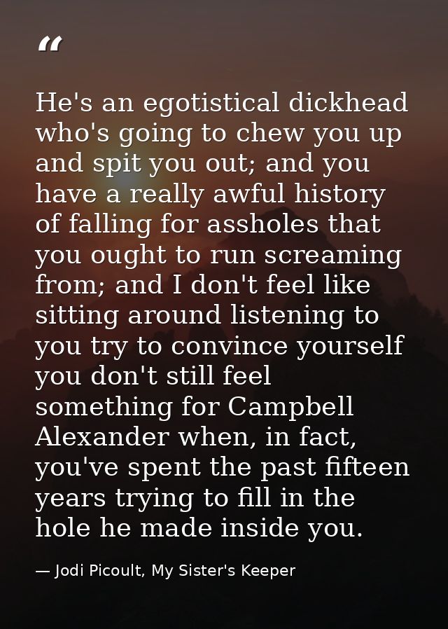 He's an egotistical dickhead who's going to chew you up and spit you out; and you have a really awful history of falling — Jodi Picoult, My Sister's Keeper