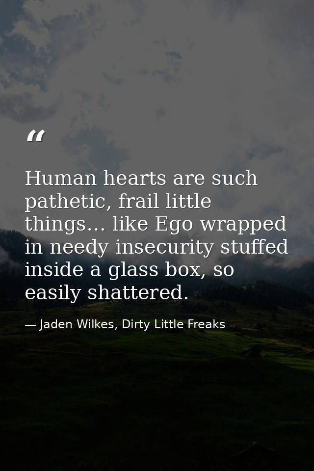 Human hearts are such pathetic, frail little things… like Ego wrapped in needy insecurity stuffed inside a glass box, so — Jaden Wilkes, Dirty Little Freaks