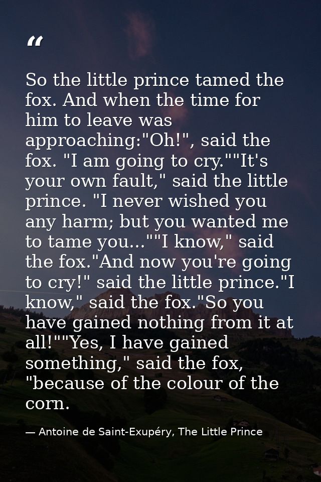 So the little prince tamed the fox. And when the time for him to leave was approaching:"Oh!", said the fox. "I am going  — Antoine de Saint-Exupéry, The Little Prince
