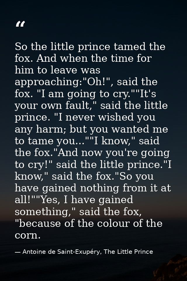 So the little prince tamed the fox. And when the time for him to leave was approaching:"Oh!", said the fox. "I am going  — Antoine de Saint-Exupéry, The Little Prince