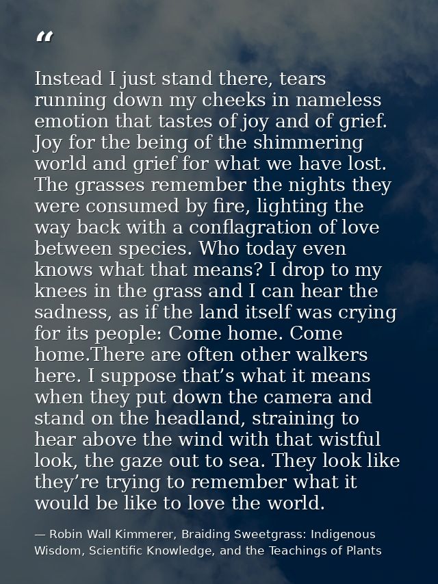 Instead I just stand there, tears running down my cheeks in nameless emotion that tastes of joy and of grief. Joy for th — Robin Wall Kimmerer, Braiding Sweetgrass: Indigenous Wisdom, Scientific Knowledge, and the Teachings of Plants