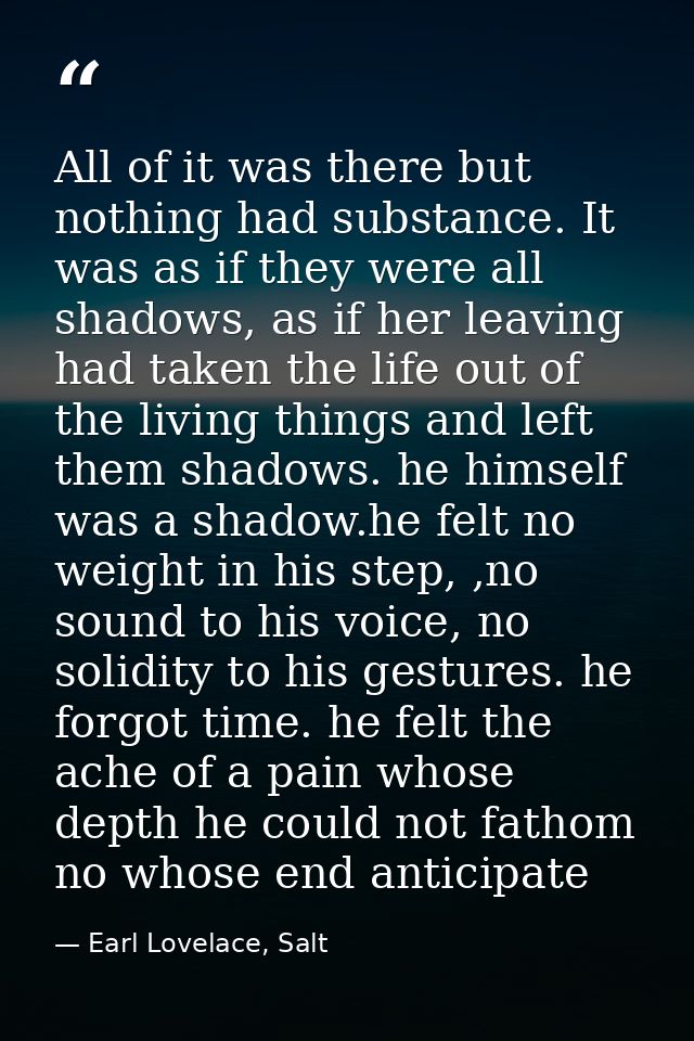 All of it was there but nothing had substance. It was as if they were all shadows, as if her leaving had taken the life  — Earl Lovelace, Salt