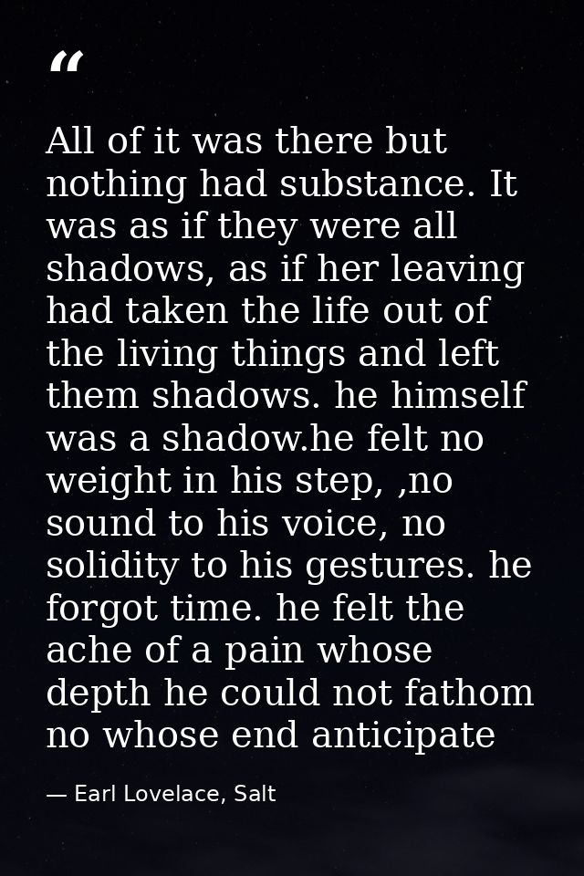 All of it was there but nothing had substance. It was as if they were all shadows, as if her leaving had taken the life  — Earl Lovelace, Salt