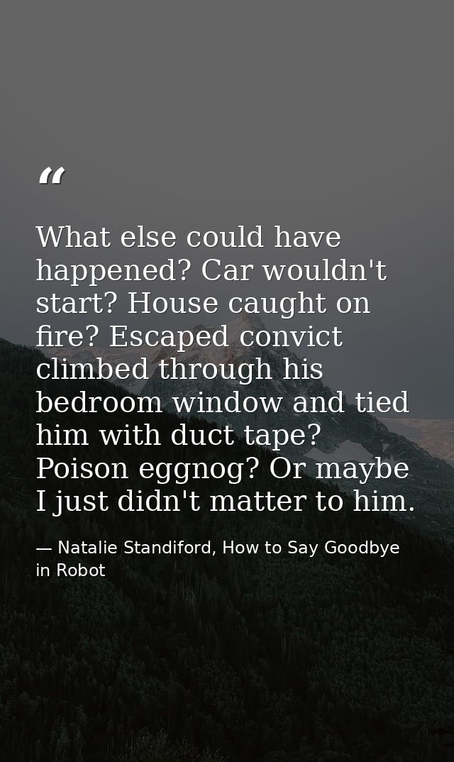 What else could have happened? Car wouldn't start? House caught on fire? Escaped convict climbed through his bedroom win — Natalie Standiford, How to Say Goodbye in Robot