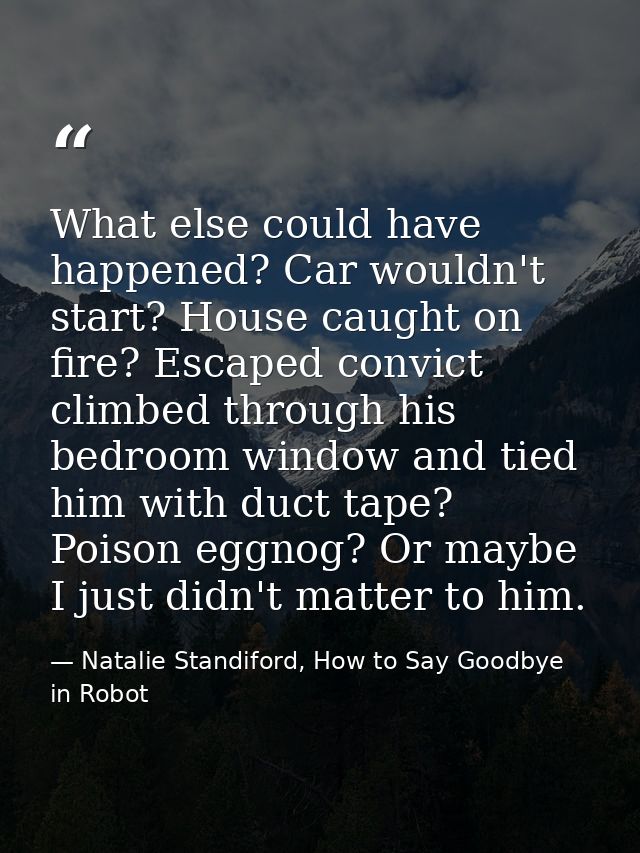 What else could have happened? Car wouldn't start? House caught on fire? Escaped convict climbed through his bedroom win — Natalie Standiford, How to Say Goodbye in Robot