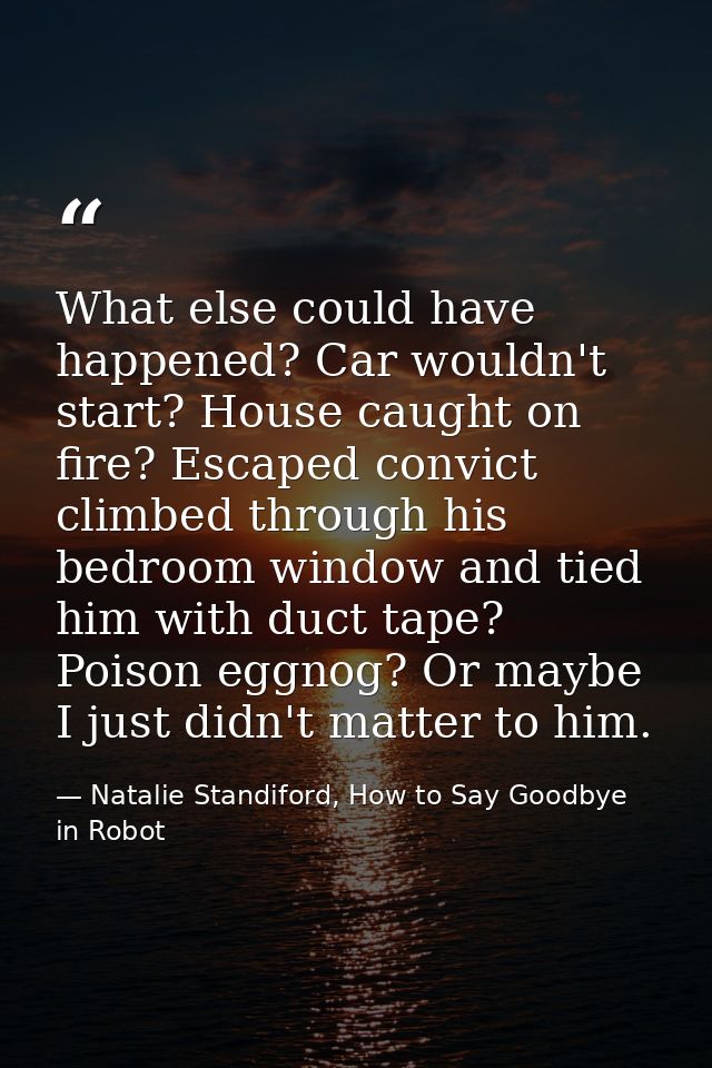 What else could have happened? Car wouldn't start? House caught on fire? Escaped convict climbed through his bedroom win — Natalie Standiford, How to Say Goodbye in Robot