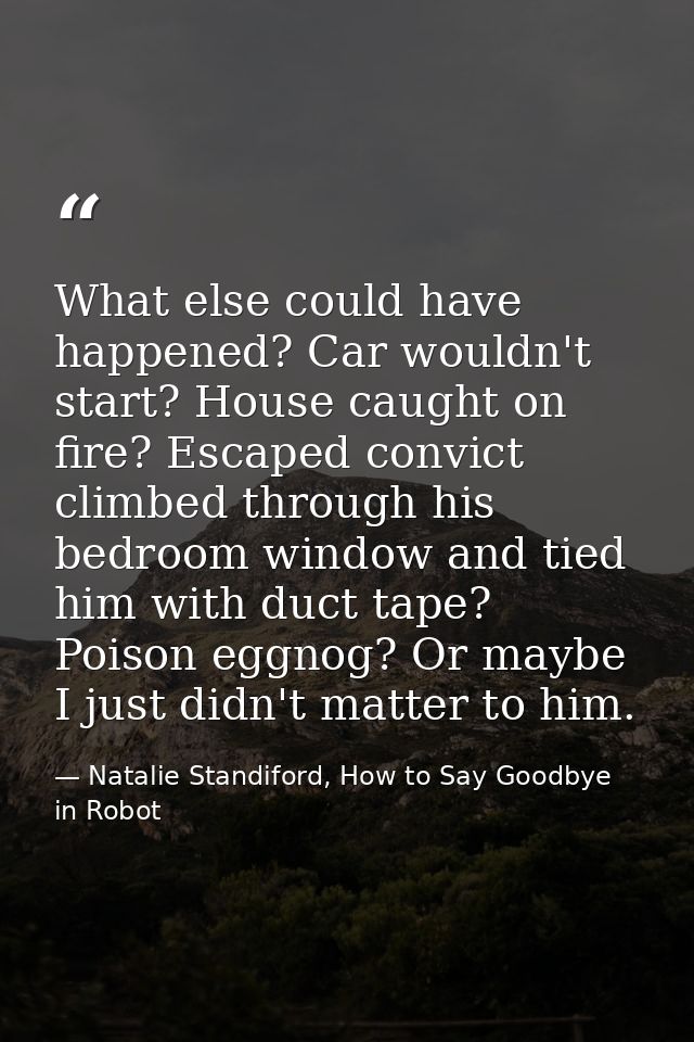What else could have happened? Car wouldn't start? House caught on fire? Escaped convict climbed through his bedroom win — Natalie Standiford, How to Say Goodbye in Robot