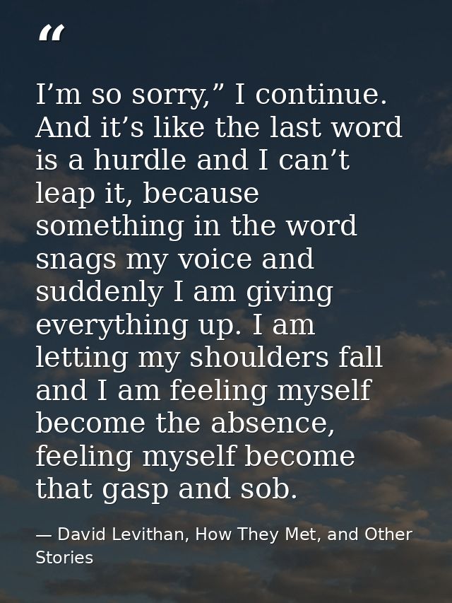I’m so sorry,” I continue. And it’s like the last word is a hurdle and I can’t leap it, because something in the word sn — David Levithan, How They Met, and Other Stories