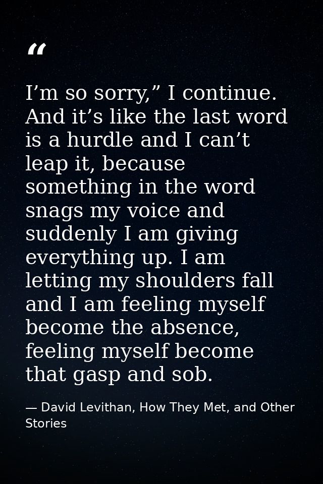 I’m so sorry,” I continue. And it’s like the last word is a hurdle and I can’t leap it, because something in the word sn — David Levithan, How They Met, and Other Stories
