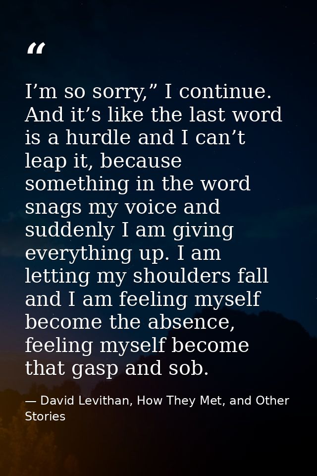 I’m so sorry,” I continue. And it’s like the last word is a hurdle and I can’t leap it, because something in the word sn — David Levithan, How They Met, and Other Stories