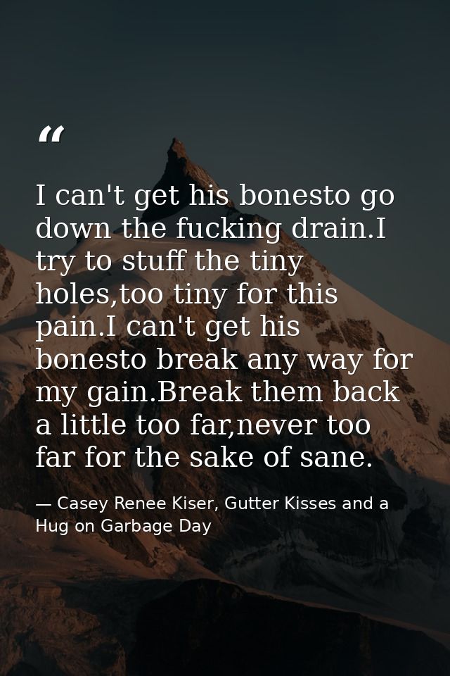 I can't get his bonesto go down the fucking drain.I try to stuff the tiny holes,too tiny for this pain.I can't get his b — Casey Renee Kiser, Gutter Kisses and a Hug on Garbage Day