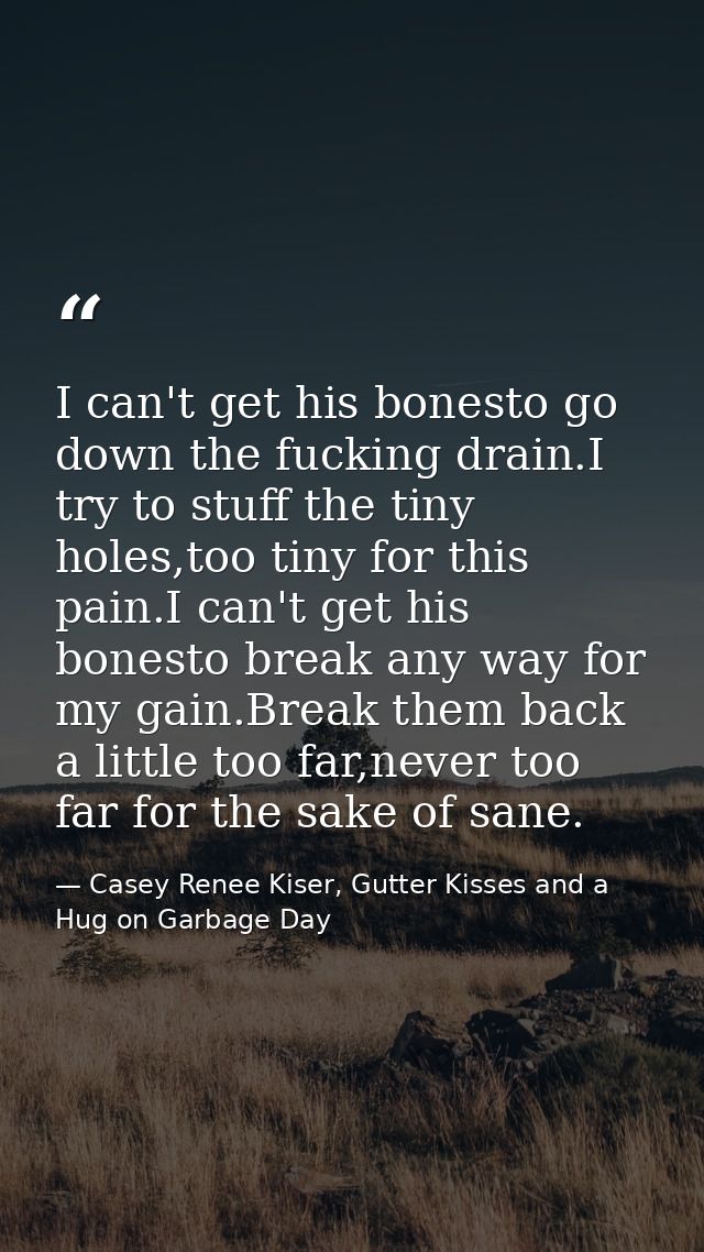 I can't get his bonesto go down the fucking drain.I try to stuff the tiny holes,too tiny for this pain.I can't get his b — Casey Renee Kiser, Gutter Kisses and a Hug on Garbage Day