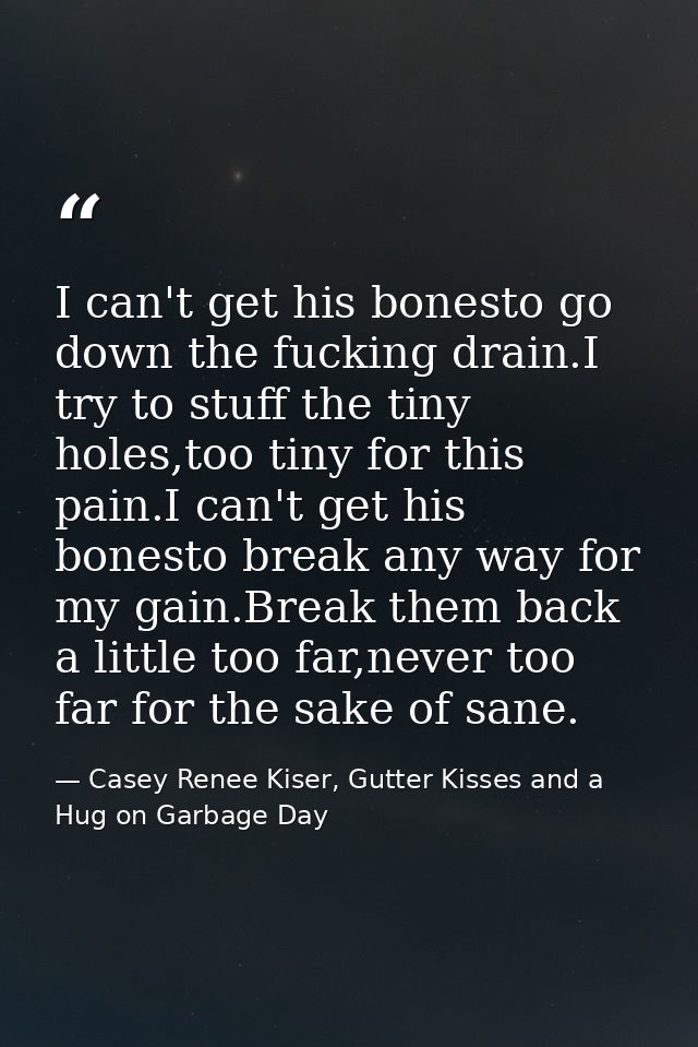 I can't get his bonesto go down the fucking drain.I try to stuff the tiny holes,too tiny for this pain.I can't get his b — Casey Renee Kiser, Gutter Kisses and a Hug on Garbage Day