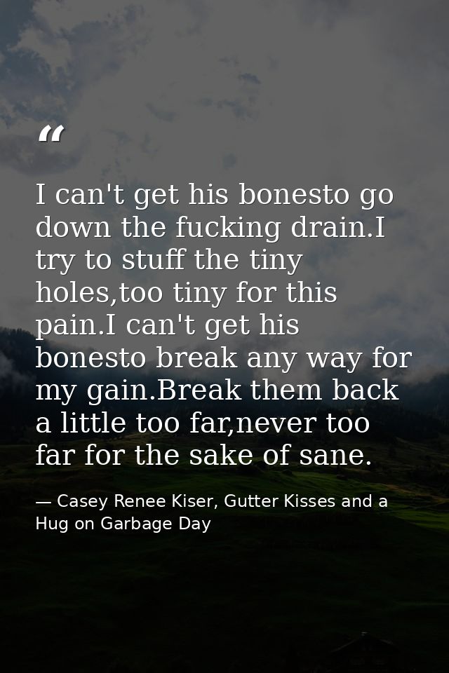 I can't get his bonesto go down the fucking drain.I try to stuff the tiny holes,too tiny for this pain.I can't get his b — Casey Renee Kiser, Gutter Kisses and a Hug on Garbage Day