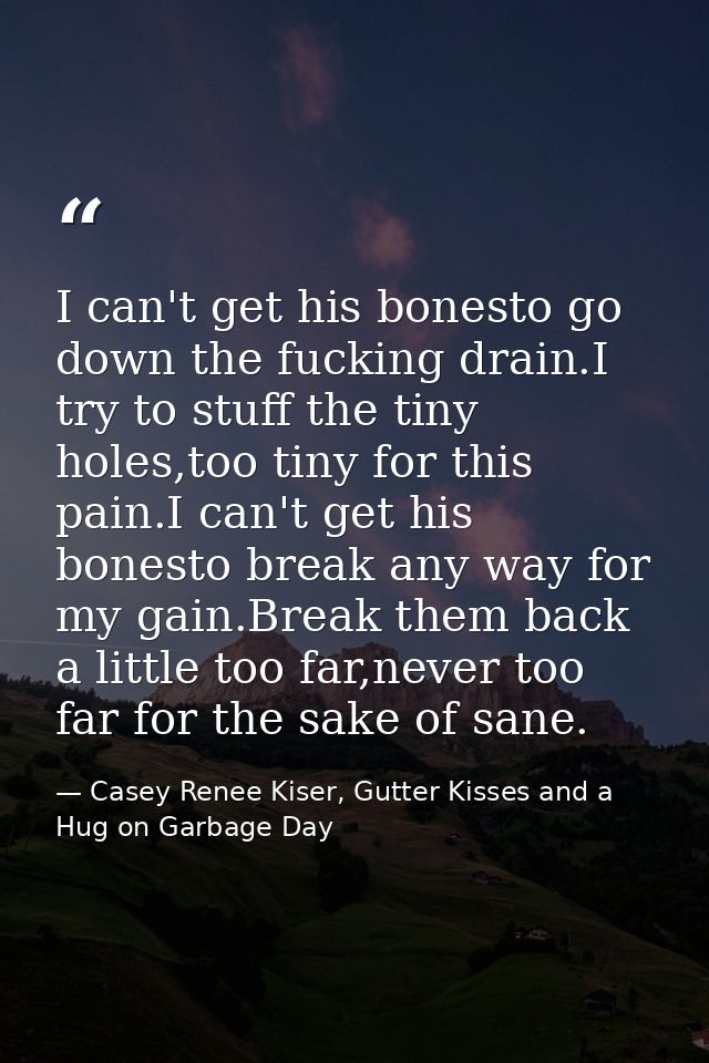 I can't get his bonesto go down the fucking drain.I try to stuff the tiny holes,too tiny for this pain.I can't get his b — Casey Renee Kiser, Gutter Kisses and a Hug on Garbage Day