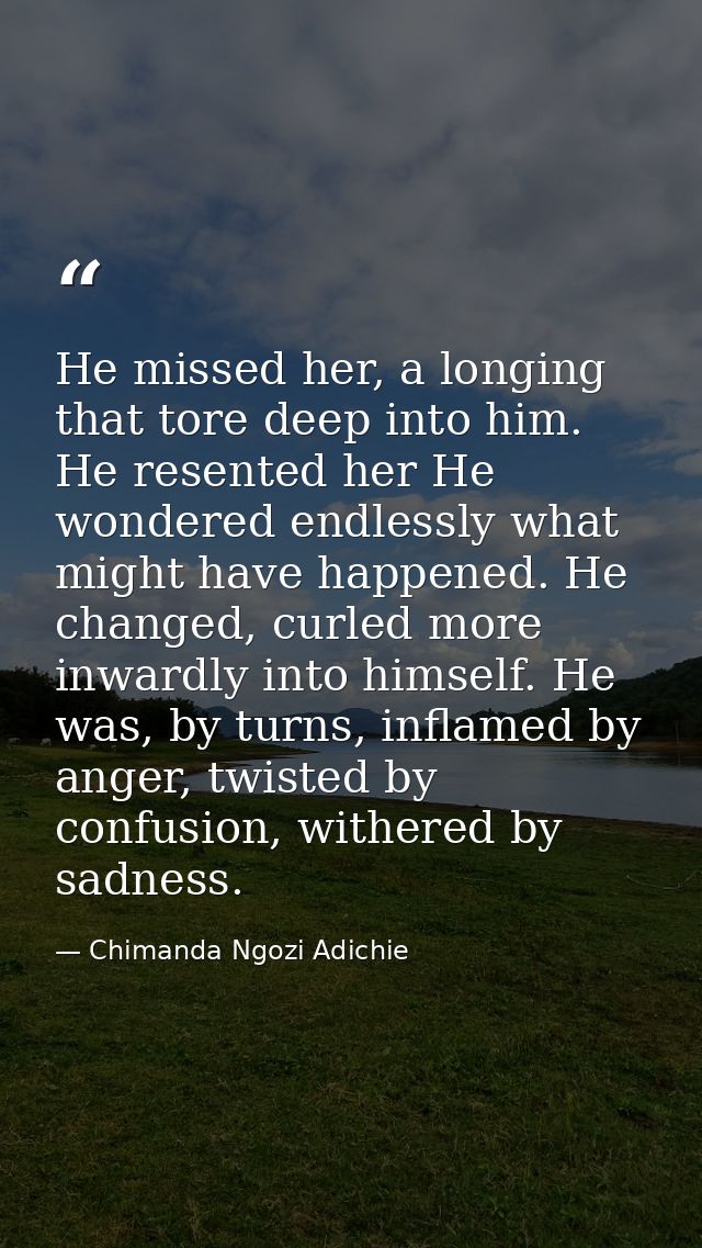 He missed her, a longing that tore deep into him. He resented her He wondered endlessly what might have happened. He cha — Chimanda Ngozi Adichie