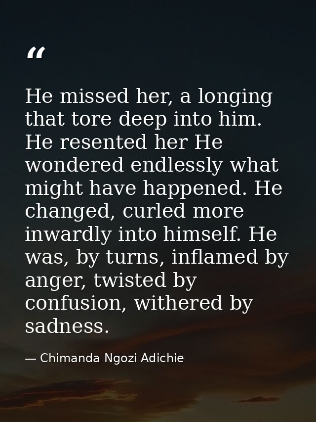 He missed her, a longing that tore deep into him. He resented her He wondered endlessly what might have happened. He cha — Chimanda Ngozi Adichie
