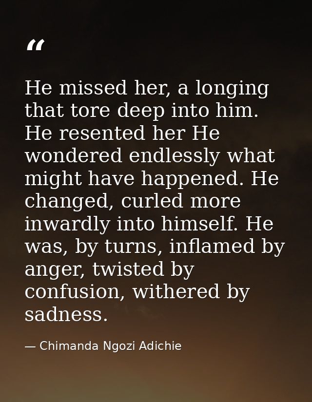 He missed her, a longing that tore deep into him. He resented her He wondered endlessly what might have happened. He cha — Chimanda Ngozi Adichie