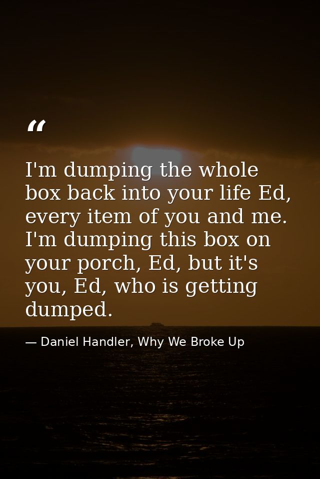 I'm dumping the whole box back into your life Ed, every item of you and me. I'm dumping this box on your porch, Ed, but  — Daniel Handler, Why We Broke Up
