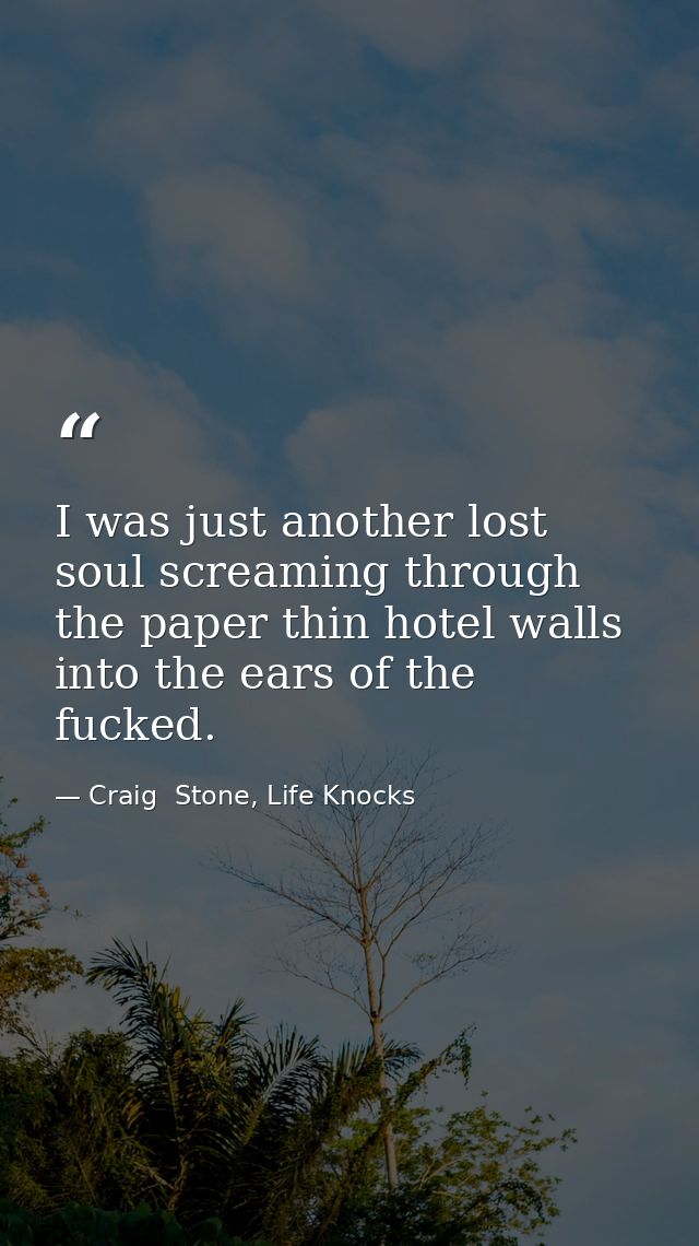I was just another lost soul screaming through the paper thin hotel walls into the ears of the fucked. — Craig  Stone, Life Knocks