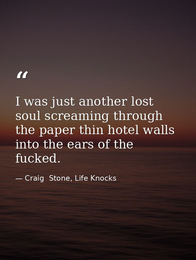 I was just another lost soul screaming through the paper thin hotel walls into the ears of the fucked. — Craig  Stone, Life Knocks