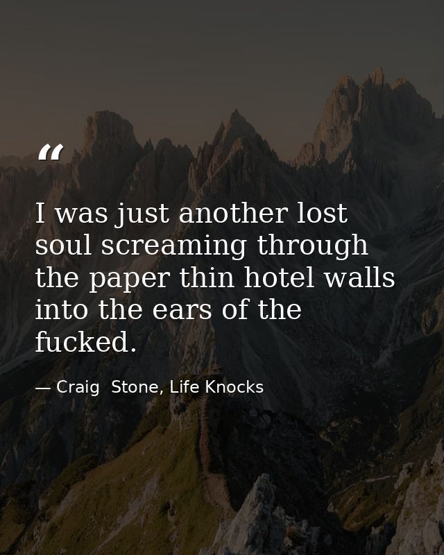 I was just another lost soul screaming through the paper thin hotel walls into the ears of the fucked. — Craig  Stone, Life Knocks