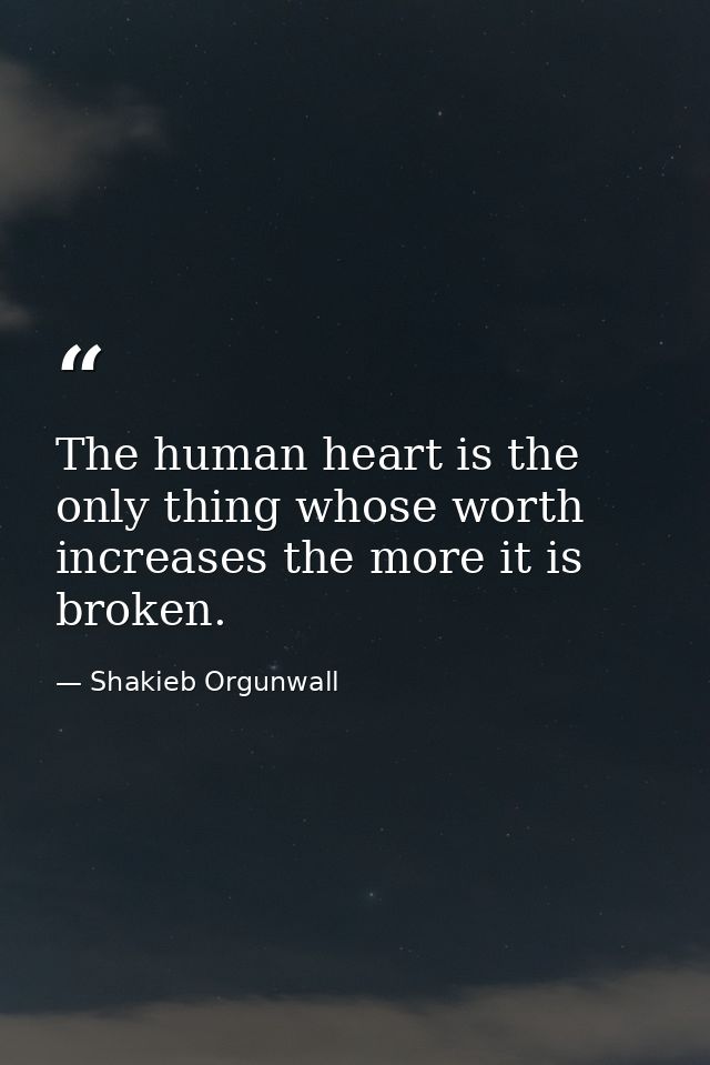 The human heart is the only thing whose worth increases the more it is broken. — Shakieb Orgunwall