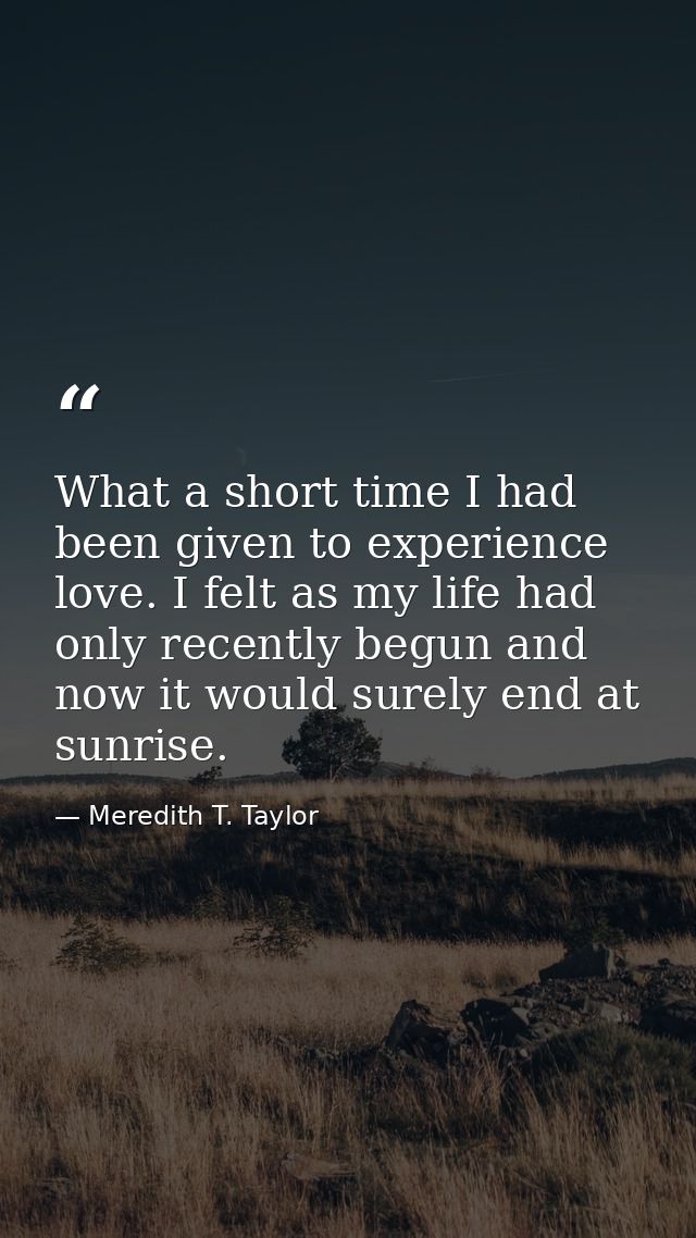 What a short time I had been given to experience love. I felt as my life had only recently begun and now it would surely — Meredith T. Taylor