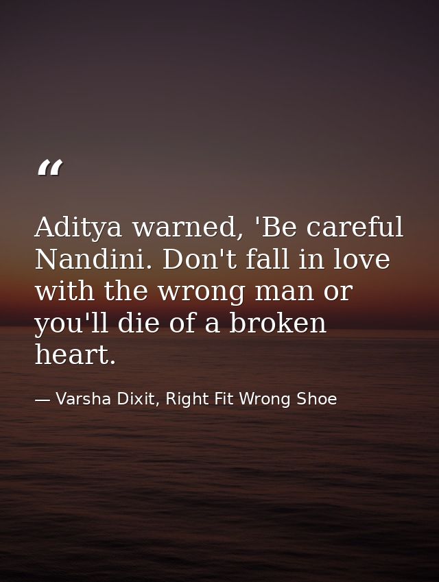 Aditya warned, 'Be careful Nandini. Don't fall in love with the wrong man or you'll die of a broken heart. — Varsha Dixit, Right Fit Wrong Shoe