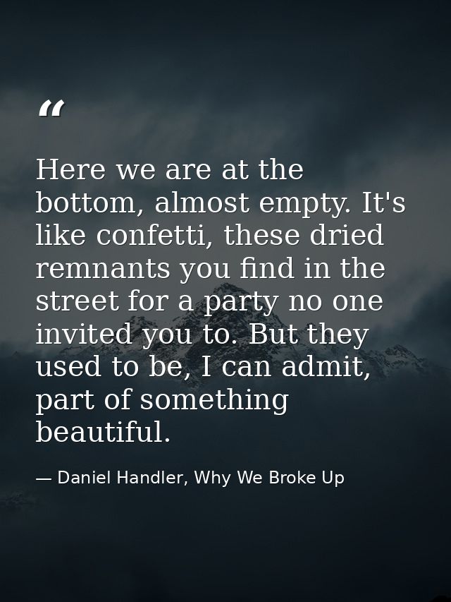 Here we are at the bottom, almost empty. It's like confetti, these dried remnants you find in the street for a party no  — Daniel Handler, Why We Broke Up