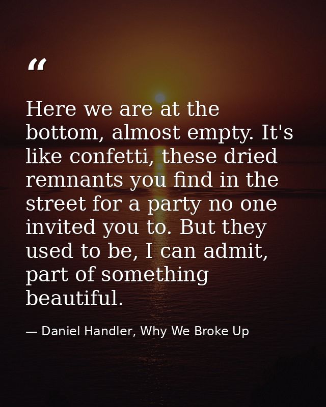 Here we are at the bottom, almost empty. It's like confetti, these dried remnants you find in the street for a party no  — Daniel Handler, Why We Broke Up